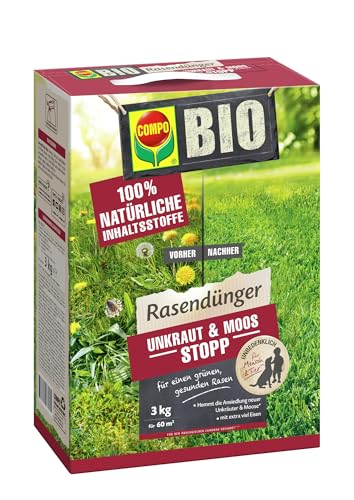 COMPO BIO Rasendünger Unkraut & Moos Stopp - verhindert Ansiedlung von Moos und Unkräutern - natürliche Inhaltsstoffe - 3 kg für 60m² von Compo