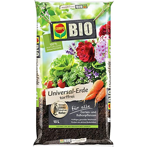 COMPO BIO Universal-Erde für Zimmerpflanzen, Gemüse, Obst und Kräuter, Torffrei, Kultursubstrat, 15 Liter, Braun von Compo