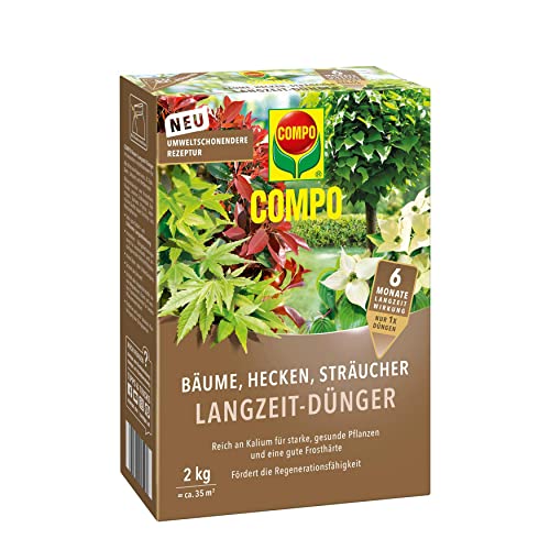 COMPO Bäume, Hecken, Sträucher Langzeit-Dünger, Umweltschonendere Rezeptur, 6 Monate Langzeitwirkung, 2 kg, Für 40 Laufmeter Hecke von Compo