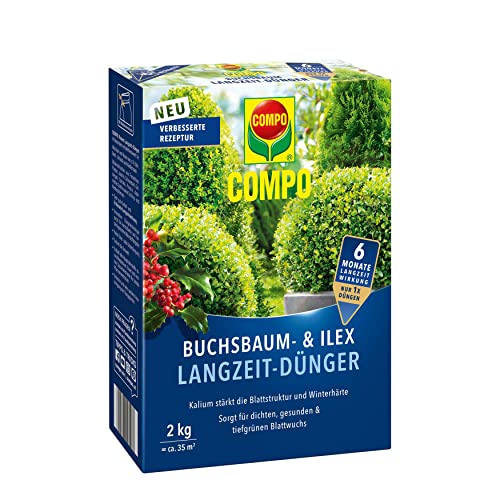 COMPO Buchsbaum- und Ilex Langzeit-Dünger, Für Buchsbäume, Stechpalmen und Hecken, Umweltschonendere Rezeptur, 6 Monate Langzeitwirkung, 2 kg, 40 m² von Compo