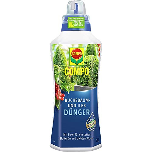 COMPO Buchsbaum- und Ilexdünger, Dünger für alle Buchsbäume auf Balkon, Terrasse und im Garten, Spezial-Flüssigdünger mit extra Eisen, 1 Liter von Compo