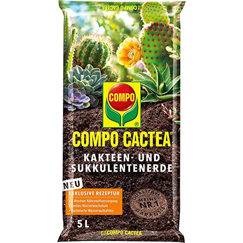 Compo CACTEA Kakteen- und Sukkulentenerde mit 8 Wochen Dünger für alle Kakteenarten und dickblättrige Pflanzen, Kultursubstrat, 5 Liter von Compo