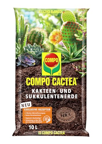 COMPO CACTEA Kakteenerde und Sukkulentenerde mit 8 Wochen Dünger für alle Kakteenarten und dickblättrige Pflanzen, Kultursubstrat, 10 Liter, Braun von Compo