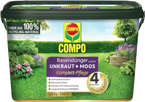 COMPO Rasendünger gegen Unkraut + Moos Komplett-Pflege, Rasendünger mit Unkrautvernichter, Moosvernichter, 3 Monate Langzeitwirkung, 6 kg, 200 m² von Compo