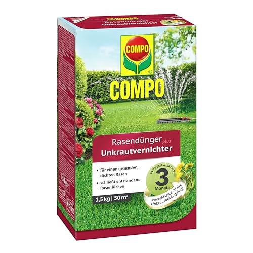 COMPO Rasendünger mit Unkrautvernichter, 3 Monate Langzeitwirkung, Unkrautvernichtung, Feingranulat, 1,5 kg, 50 m² von Compo