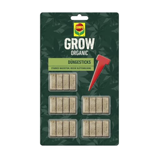 COMPO GROW ORGANIC Düngesticks für Spezialkulturen - 100 Prozent natürliche Inhaltsstoffe - Langzeitwirkung Indoor & Outdoor - 20 Stk, braun von Compo