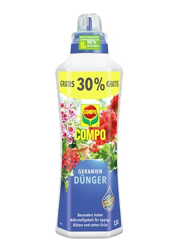 COMPO Geraniendünger für Geranien und alle stark zehrenden Pflanzen auf Balkon und Terrasse, Spezial-Flüssig-Dünger, 1,3 Liter von Compo