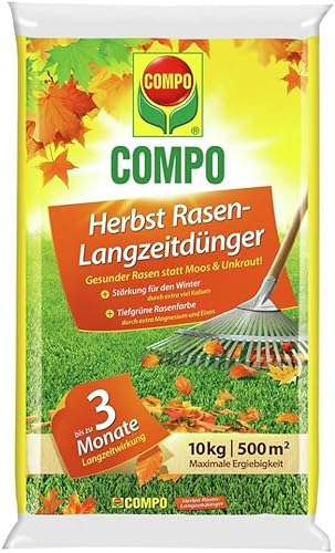Compo Herbst-Rasen Langzeit-Dünger, 3 Monate Langzeitwirkung, Granulatform, 10 kg, 500 m² von Compo