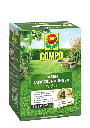 COMPO Rasendünger mit Langzeitwirkung - keine Chance für Moos und Unkraut - 6 kg für 240 m² - COMPO Rasen Langzeit-Dünger Perfect von Compo