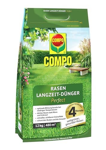 COMPO Rasendünger mit Langzeitwirkung - keine Chance für Moos und Unkraut - 12 kg für 480 m² - COMPO Rasen Langzeit-Dünger Perfect von Compo