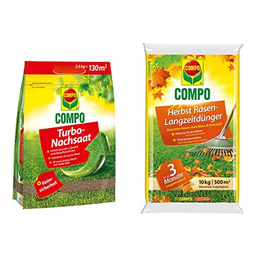 COMPO Rasen-Set, Herbst-Rasen Langzeit-Dünger, Rasendünger, 3 Monate Langzeitwirkung, 10 kg, 500 m² und Turbo Nachsaat, Rasensamen, Mit Keimsicherheit, 2,6 kg, 130 m² von Compo