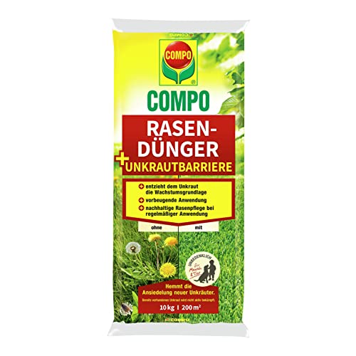 COMPO Rasendünger + Unkrautbarriere,Vorbeugende und nachhaltige Rasenpflege, Feingranulat, 10 kg, 200 m² von Compo