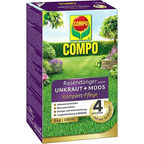 COMPO Rasendünger gegen Unkraut+Moos Komplett-Pflege, Rasendünger mit Unkrautvernichter / Moosvernichter, Dünger, 3 Monate Langzeitwirkung, Feingranulat, 3 kg, 100 m² von Compo