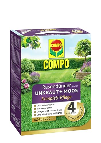 COMPO Rasendünger gegen Unkraut + Moos Komplett-Pflege - optimale Nährstoffversirgung - 3 Monate Langzeitwirkung - gegen Moos und Unkraut - 6 kg für 200 m² von Compo