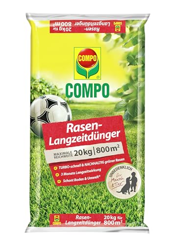 COMPO Rasendünger mit 3 Monaten Langzeitwirkung - 20kg für 800m² - Frühjahr und Sommer – Premium Rasen-Langzeitdünger von Compo