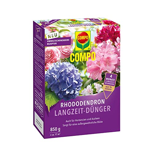 COMPO Rhododendron Langzeit-Dünger für alle Arten von Moorbeetpflanzen, Umweltschonendere Rezeptur, 4 Monate Langzeitwirkung, 850 g, 17m² von Compo