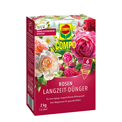 COMPO Rosen Langzeit-Dünger für alle Arten von Rosen, Blütensträucher sowie Schling- und Kletterpflanzen, Rosendünger, 6 Monate Langzeitwirkung, 2 kg, 25 m² von Compo