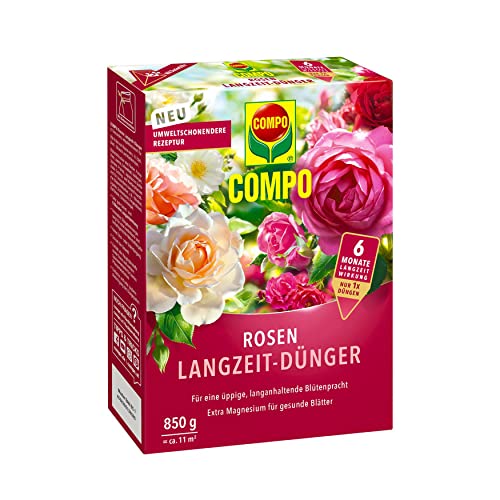 COMPO Rosen Langzeit-Dünger für alle Arten von Rosen, Blütensträucher sowie Schling- und Kletterpflanzen, Rosendünger, 6 Monate Langzeitwirkung, 850 g, 11 m² von Compo