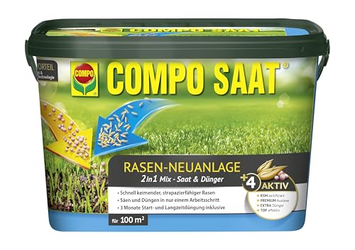 COMPO SAAT Rasen-Neuanlage-Mix, Mischung aus Rasensamen / Grassamen und Rasendünger mit 3 Monaten Langzeitwirkung, 2,2 kg, 100 m² von Compo