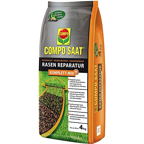 COMPO SAAT Rasen Reparatur Komplett-Mix+, Rasensamen, Keimsubstrat, Langzeit-Rasendünger und Bodenaktivator, 4 kg, 20 m² von Compo