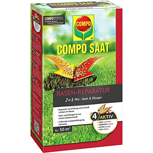 COMPO SAAT Rasen-Reparatur, Mischung aus Rasensamen / Grassamen und Rasendünger mit 3 Monate Langzeitwirkung, 1,2 kg, 50 m² von Compo