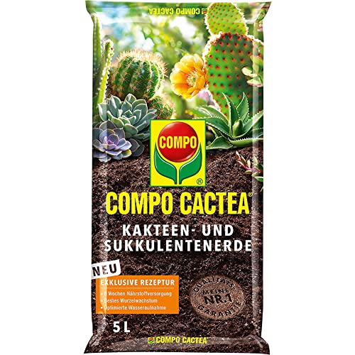 COMPO CACTEA Kakteenerde und Sukkulentenerde mit 8 Wochen Dünger für alle Kakteenarten und dickblättrige Pflanzen, Kultursubstrat, 5 Liter, Braun von Compo