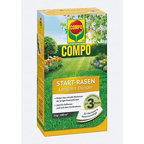 COMPO Start-Rasen Langzeit-Dünger, Rasendünger für junge Rasenpflanzen und für Rollrasen nach dem Vertikutieren, 3 kg von Compo