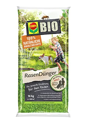 Compo BIO Rasendünger, Für junge Rasenpflanzen, Rasenneuanlage und Rollrasen, Feingranulat, 16 kg, 400 m² von Compo