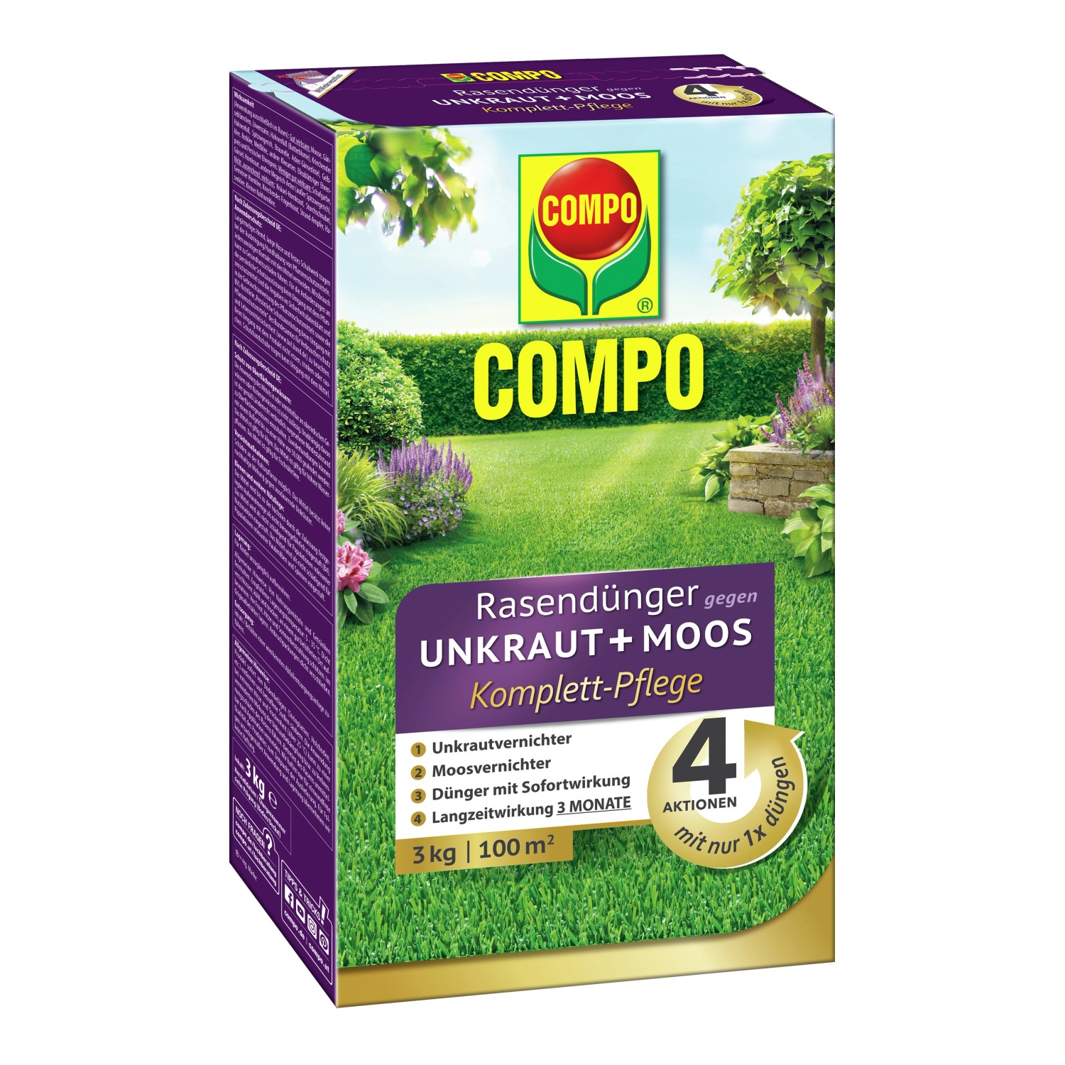 Compo Rasendünger gegen Unkraut+Moos 4in1 Komplett-Pflege 3 kg für 100 m² von Compo