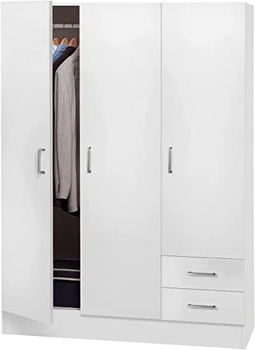 Kleiderschrank mit drei Türen und zwei Schubladen mit Einlegeböden und Kleiderstange, Farbe weiß, Maße 120 x 170 x 50 cm von Composad