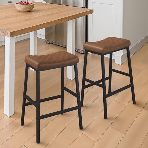 Compsia Sattel-Barhocker, PU-Leder, Diamant-getuftet, 65,5 cm Thekenhöhe mit schwarzen Beinen, für Küche, Esszimmer, Café, Braun, 2 Stück Compsia Sattel-Barhocker, PU-Leder, Diamant-getuftet, 65,5 cm Thekenhöhe mit schwarzen Beinen, für Küche, Esszimmer, Café, Braun, 2 Stück von Compsia