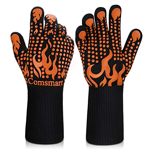 BBQ Handschuhe, 800 Grad Celsius Hitzebeständige Grillhandschuhe Silikon rutschfeste Ofenhandschuhe Lange Küchenhandschuhe zum Grillen, Kochen, Backen, Schweißen, Schneiden (M, Orange) von Comsmart