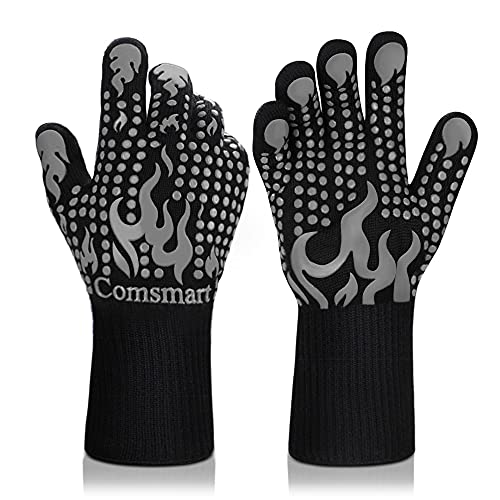 Comsmart BBQ Gloves, 1472 Degree F Heat Resistant Grillhandschuhe Silicone Rutschfeste Ofenhandschuhe Long Kitchen Gloves for Barbecue, Cooking, Backing, Cutting(Gray) von Comsmart