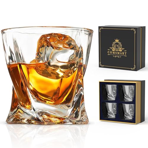 Whiskey-Gläser-Set mit 4 Stück, bleifreie, kristallklare Scotch-Gläser mit Luxus-Geschenkbox und 4 Getränkeuntersetzern und 1 Eiszange zum Trinken von Bourbon Malt Cognac Irish Whisky von Comsmart