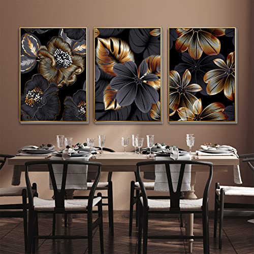 ConBlom 3er Set Designer Leinwand Poster Wandbilder, Abstrakt Schwarz Goldenes Pflanzenblatt Leinwand Poster Druck Moderne Nordische Dekoration Wandkunst Malerei Bild von ConBlom