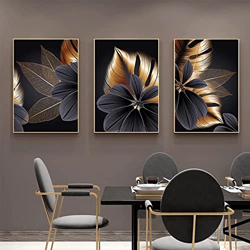 ConBlom 3er Set Designer Leinwand Poster Wandbilder, Abstrakt Schwarz Goldenes Pflanzenblatt Leinwand Poster Druck Moderne Nordische Dekoration Wandkunst Malerei Bild von ConBlom