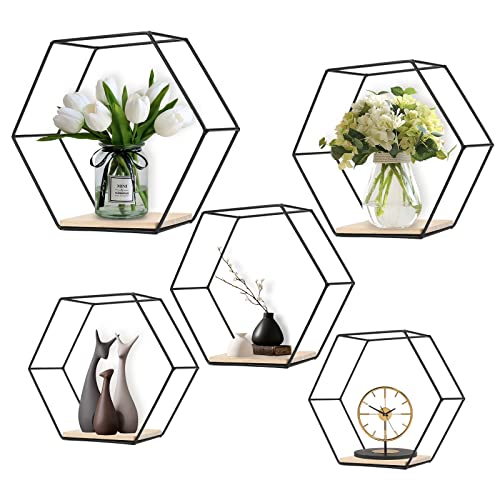 ConBlom Metall Hexagon Wandregal, Europäische Hexagon geometrische Linie Design Wand Wand Regal mit Holzregalen, für Wohnung, Arbeitszimmer, Schlafzimmer, Wohnzimmer, Flur (schwarz * 5) von ConBlom