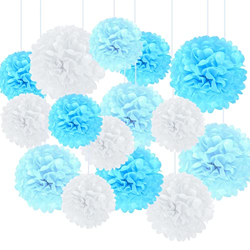 Seidenpapier Pompons für Hochzeit, 24 Stück Vintage Lampions Pompoms Deko Hochzeit Wabenbälle Fächer für Geburtstag, Hochzeit, Valentinstag, Hellblau, Blau, Weiß von ConBlom