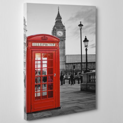 Bild auf Leinwand, gerahmt, fertig zum Aufhängen, City London, Telefonkabine, Big Ben, London, England, 70 x 100 cm, ohne Rahmen von ConKrea