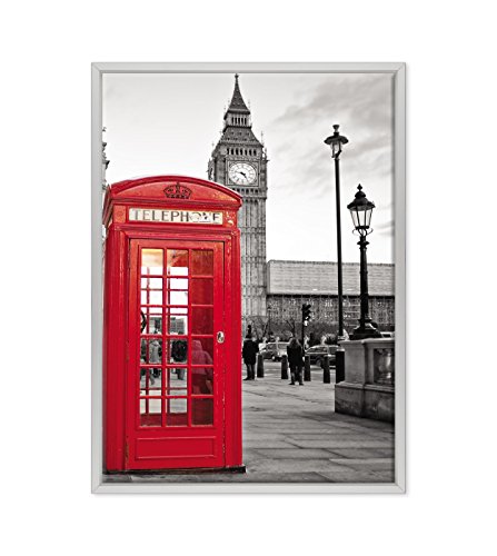 Bild auf Leinwand, gerahmt, fertig zum Aufhängen, City London, Telefonkabine, Big Ben, London, England, Großbritannien, 50 x 70 cm, moderner Stil, Weiß von ConKrea