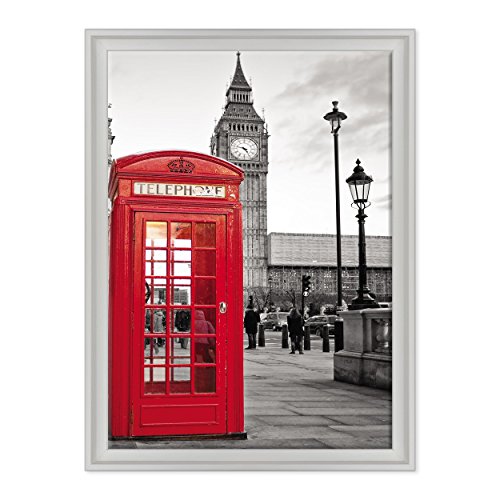 Bild auf Leinwand, gerahmt, fertig zum Aufhängen, City London, Telefonkabine, Big Ben, London, England, Großbritannien, 50 x 70 cm, moderner Stil, Weiß von ConKrea