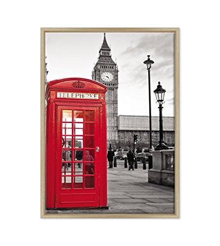 Bild auf Leinwand, gerahmt, fertig zum Aufhängen, City London, Telefonkabine, Big Ben, London, England, Großbritannien, 50 x 70 cm, moderner Stil aus Naturholz von ConKrea