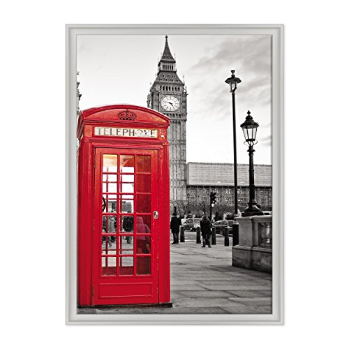 Bild auf Leinwand, gerahmt, fertig zum Aufhängen, City London, Telefonkabine, Big Ben, London, England, Großbritannien, 70 x 100 cm, moderner Stil, Weiß von ConKrea
