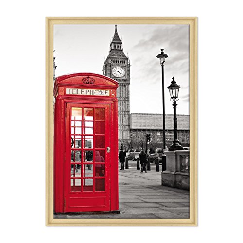 Bild auf Leinwand, gerahmt, fertig zum Aufhängen, City London, Telefonkabine, Big Ben, London, England, Großbritannien, 70 x 100 cm, moderner Stil aus Naturholz von ConKrea