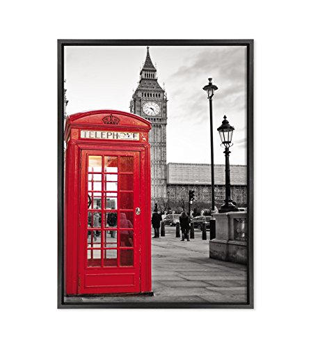 Bild auf Leinwand, gerahmt, fertig zum Aufhängen, City London, Telefonkabine, Big Ben, London, England, UKi, 50 x 70 cm, moderner Stil, Schwarz von ConKrea