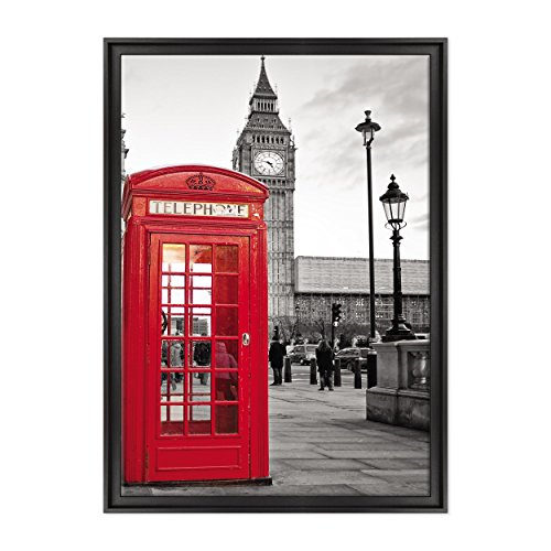 Bild auf Leinwand, gerahmt, fertig zum Aufhängen, London, Telefonkabine, Big Ben, London, England, 70 x 100 cm, moderner Stil, Schwarz von ConKrea