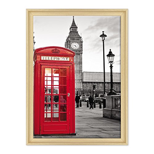 Bild auf Leinwand, gerahmt, fertig zum Aufhängen, London, Telefonkabine, Big Ben, London, England, Großbritannien, 50 x 70 cm, moderner Stil aus Naturholz von ConKrea