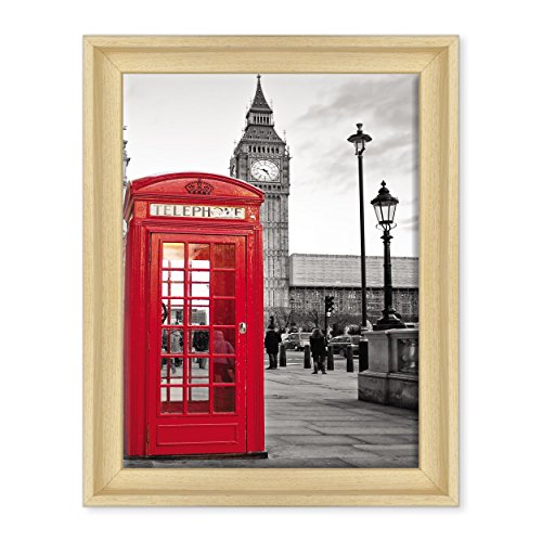 Bild auf Leinwand, gerahmt, fertig zum Aufhängen, Stadt London, Telefonkabine, Big Ben, London, England, zeitgenössischer Stil, Naturholz, Artikelnummer: 007 von ConKrea