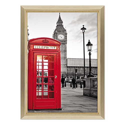 Bild auf Leinwand, gerahmt, fertig zum Aufhängen, Stadt London, Telefonkabine, Big Ben – London – England – 70 x 100 cm – Stil Design Naturholz – (Code 007) von ConKrea