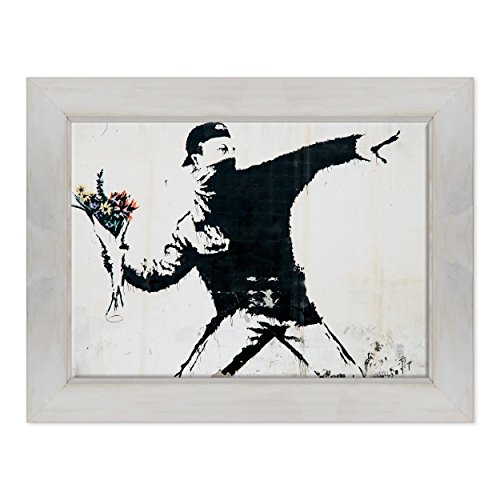 Bild auf Leinwand, gerahmt, mit Rahmen, Banksy, Street Art Art - Werfer von Blumen, 50 x 70 cm, Landhausstil, Weiß, Shabby von ConKrea